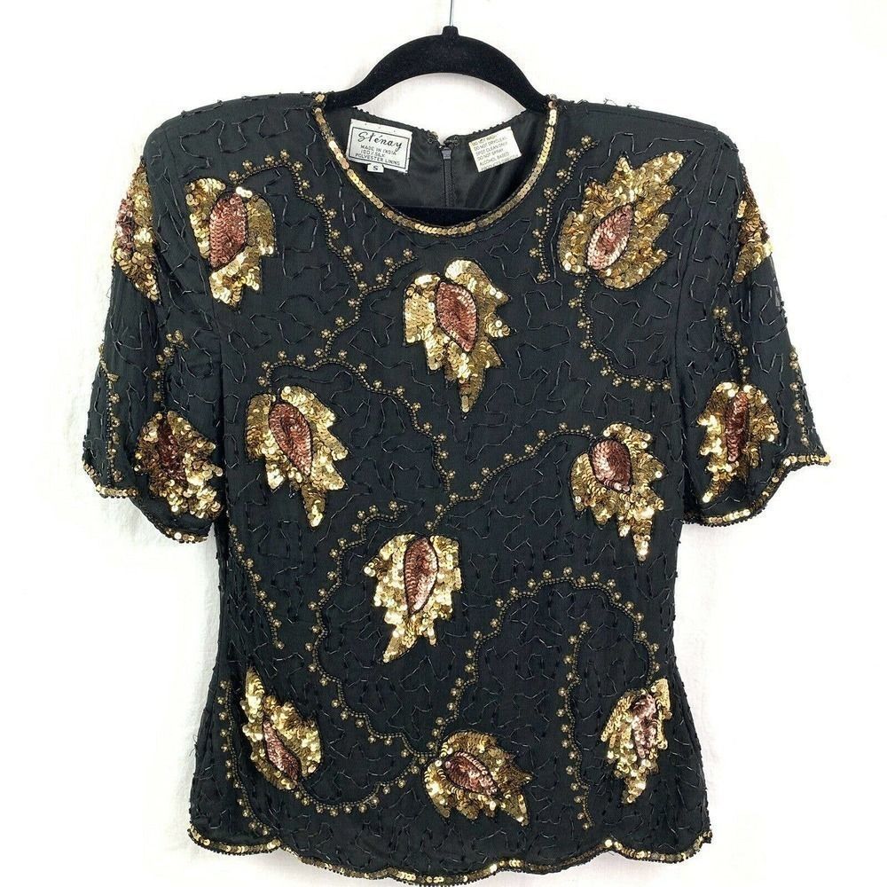 Vintage Sequin Top Womens Size Small Disco Cocktail Party Cocktail Black Gold